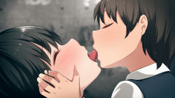 1boy 1girl age_difference black_hair blue_sweater blush bob_cut brown_hair close-up closed_eyes collared_shirt dress_shirt french_kiss hands_on_another&#039;s_face highres holding_another&#039;s_head indoors kemuri_haku kiss onee-shota open_mouth original prostitution saliva shirt short_hair shota shotadom skindentation sweat sweater sweater_vest tongue tongue_out tongue_suck white_shirt rating:Questionable score:364 user:danbooru