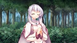  1girl ^_^ atelier-moo belt braid braided_bun breasts capelet closed_eyes forest hair_between_eyes hair_bun highres jewelry long_sideburns long_sleeves looking_at_viewer lutie nature necklace open_mouth our_battle_has_just_begun! own_hands_clasped own_hands_together sideburns smile solo standing teeth upper_body upper_teeth_only white_capelet white_hair 