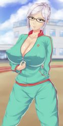  1girl absurdres breasts bursting_breasts cleavage glasses grey_hair highres huge_breasts nipples no_bra prison_school shiraki_meiko track_suit  rating:Questionable score:46 user:analsexmaster