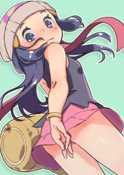  1girl arm_behind_back ass ass_focus blue_eyes blush covering_ass covering_privates creatures_(company) dangerously_close_upskirt dawn_(pokemon) from_behind from_below game_freak hand_on_ass hat highres legs long_hair miniskirt nintendo no_panties pokemon pokemon_dppt skirt thighs upskirt  rating:Sensitive score:27 user:T&iacute;o_Yayo