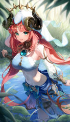  1girl 29hyeon absurdres aqua_eyes blue_bow blue_gemstone blue_skirt bow breasts brooch cowboy_shot crop_top detached_sleeves fake_horns gem genshin_impact gold_trim harem_outfit highres horns jewelry lily_pad long_hair long_sleeves looking_at_viewer low_twintails medium_breasts navel neck_ring nilou_(genshin_impact) open_mouth outdoors parted_bangs puffy_long_sleeves puffy_sleeves red_hair revision skirt smile solo stomach thighlet thighs twintails veil very_long_hair wading water 