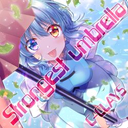  1girl album_cover blue_eyes blue_hair blue_skirt blue_sky blue_vest blush blush_stickers c-clays circle_name cloud cloudy_sky cover determined english_text falling_leaves frilled_shirt_collar frills game_cg heterochromia holding holding_umbrella juliet_sleeves karakasa_obake knee_up leaf long_sleeves official_art outstretched_arm polka_dot polka_dot_skirt puffy_sleeves red_eyes sakura_tsubame shirt short_hair skirt sky solo tatara_kogasa tongue tongue_out touhou touhou_cannonball umbrella v-shaped_eyebrows vest white_shirt 