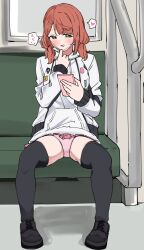  1girl black_footwear black_thighhighs blunt_bangs blush commentary_request green_eyes hair_ornament hairclip half-closed_eyes heart highres holding holding_phone hood hoodie jacket legs_apart liz_(piyoko_piyop) looking_at_viewer love_live! love_live!_nijigasaki_high_school_idol_club low_twintails mask mask_pull medium_hair miniskirt mouth_mask naughty_face open_clothes open_jacket open_mouth paid_reward_available panties phone pink_hair pink_mask pink_panties pink_skirt pleated_skirt shoes sitting skirt smile solo spoken_heart spread_legs swept_bangs thighhighs train_interior translation_request twintails uehara_ayumu underwear white_hoodie white_jacket 