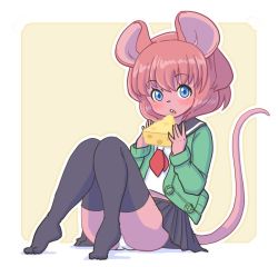  1girl animal_ears black_skirt black_thighhighs blue_eyes blush borrowed_character cardigan cheese eating female_focus food furry furry_female green_cardigan holding holding_food kinshun76501 looking_at_viewer mouse_ears mouse_girl_(yuuki_(yuyuki000)) mouse_tail open_mouth original panties pink_hair red_neckwear sitting skirt solo tail thighhighs underwear white_panties 