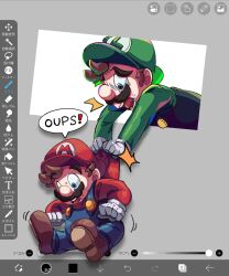 2boys artist_request blue_eyes brothers clothes_pull facial_hair gloves hat highres luigi mario mario_(series) multiple_boys mustache nintendo open_mouth shirt_pull siblings source_request speech_bubble super_mario_bros._1 sweat