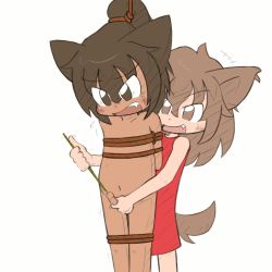  1boy 1girl animal_ears arms_behind_back artist_request bare_shoulders bdsm bondage bound brown_eyes brown_hair clothed_female_nude_male dark-skinned_male dark_skin dress fang femdom forced holding loli looking_down nude object_insertion open_mouth penis penis_grab red_dress shota simple_background sounding standing tail uncensored upper_body urethral_insertion white_background  rating:Explicit score:28 user:Gaudy