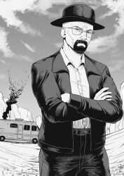 1boy absurdres breaking_bad cloud commentary crossed_arms facial_hair glasses goatee greyscale hat highres jacket male_focus mature_male monochrome pants recreational_vehicle signature smoke solo speedl00ver upper_body walter_white