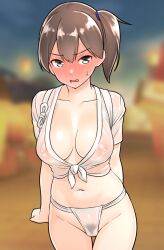  1girl alternate_costume blurry blurry_background blush breasts brown_eyes brown_hair collarbone covered_erect_nipples embarrassed female_pubic_hair front-tie_top full-face_blush fundoshi furaggu_(frag_0416) highres japanese_clothes kaga_(kancolle) kantai_collection large_breasts long_hair looking_at_viewer mizu_happi navel pubic_hair see-through short_sidetail side_ponytail 