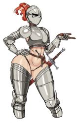  1girl armor belt bottomless breastplate breasts cleft_of_venus clothing_cutout cropped_legs dagger female_knight gloves heart heart_cutout helmet highres kardia_(nisetanaka) knife knife_sheath knight navel nisetanaka pussy scabbard sheath shiny_skin simple_background solo sword tagme thighhighs uncensored vaginal weapon white_background  rating:Explicit score:125 user:Ruffy16