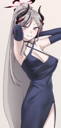  1girl armpits black_dress black_gloves blue_archive breasts cleavage commission covered_erect_nipples dress elbow_gloves gloves grey_background grey_eyes grey_hair halo hands_in_hair highres horns kiritto large_breasts long_hair looking_at_viewer makoto_(blue_archive) makoto_(dress)_(blue_archive) multicolored_hair parted_lips ponytail simple_background skeb_commission solo streaked_hair very_long_hair 