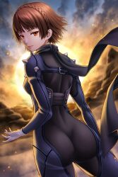  1girl ass black_bodysuit black_scarf bodysuit braid brown_eyes brown_hair closed_mouth commentary_request crown_braid floating_hair from_behind gloves highres lips long_sleeves looking_at_viewer masatoshi_1219 niijima_makoto persona persona_5 pink_lips scarf short_hair solo spikes white_gloves  rating:Sensitive score:13 user:danbooru