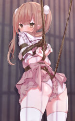  1girl :o arms_behind_back ass bdsm blush bondage bound bound_arms bound_torso bow bowtie breasts clothes_lift crotch_rope dress earrings embarrassed fingernails frilled_dress frilled_skirt frilled_sleeves frills hair_ornament hamuta_(machosbrown) highres jewelry long_hair looking_at_viewer nail open_mouth original panties rope scrunchie shibari shibari_over_clothes short_sleeves skindentation skirt skirt_lift small_breasts solo thighhighs thighs twintails underwear wedgie white_panties white_thighhighs  rating:Questionable score:19 user:Sexy.Beast