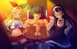  1boy 2girls artist_request bdsm black_hair blonde_hair blue_eyes blush bondage bound bow censored clothed_female_nude_male erection faceless faceless_male femdom game_cg glasses green_eyes hair_bow hand_on_own_hip headband licking_lips little_do_s_bitch loli long_hair looking_at_viewer mosaic_censoring multiple_girls nude open_mouth panties penis rena_(little_do_s_bitch) rika_(little_do_s_bitch) school_uniform short_hair skirt smile spread_legs tears testicles thighhighs tongue tongue_out underwear upskirt 