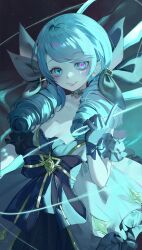 1girl absurdres black_bow black_gloves blue_eyes blue_hair blush bow breasts cleavage detached_sleeves dress drill_hair gloves gwen_(league_of_legends) hair_bow highres holding holding_needle league_of_legends lolita_fashion long_hair looking_at_viewer medium_breasts needle short_sleeves smile solo star_(symbol) star_in_eye swept_bangs symbol_in_eye tokkieee_qian twin_drills white_dress rating:Sensitive score:6 user:danbooru
