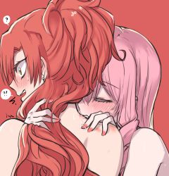 2girls aaaaddddd akuma_no_riddle bare_shoulders biting blush drill_hair earrings closed_eyes hair_between_eyes hand_on_another&#039;s_neck hand_on_another&#039;s_shoulder holding holding_another&#039;s_hair inukai_isuke jewelry long_hair looking_away multiple_girls open_mouth pink_hair ponytail red_background red_hair sagae_haruki saliva simple_background surprised very_long_hair yellow_eyes yuri rating:Questionable score:31 user:danbooru