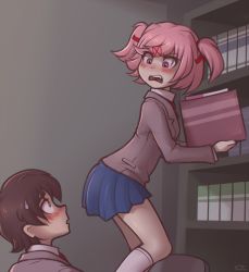 1boy 1girl angry artist_name bad_id bad_tumblr_id blue_skirt blush bookshelf brown_hair commentary d: doki_doki_literature_club english_commentary eyes_visible_through_hair fang hair_ornament hair_ribbon hairclip highres looking_at_another natsuki_(doki_doki_literature_club) open_mouth piesarts pink_eyes pink_hair profile protagonist_(doki_doki_literature_club) red_ribbon ribbon school_uniform short_hair signature skirt sweatdrop two_side_up yellow_eyes rating:Sensitive score:57 user:danbooru