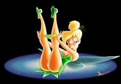  1girl absurdres artist_logo ass bare_arms bare_legs bare_shoulders blonde_hair blue_eyes blush breasts clothes_pull colored_skin dated disney dltoon dress dress_pull eyebrows eyelashes eyelids fairy fairy_wings flats green_dress green_footwear hair_bun hair_tie half-closed_eyes highres insect_wings legs legs_up light lips lipstick looking_to_the_side lying makeup nipples on_back open_mouth panties panty_pull pussy red_lips shoes short_dress simple_background sparkle strapless strapless_dress thighs tinker_bell_(disney) tinker_bellunderwear underwear undressing upskirt white_skin wings  rating:Explicit score:0 user:sandlecrantz