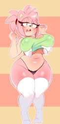  1girl amy_rose black_panties blush grabbing_another&#039;s_breast breasts curvy disembodied_hand disembodied_limb furry furry_female grabbing green_eyes hedgehog higgy highres large_breasts looking_at_viewer navel no_pants open_mouth panties plump solo sonic_(series) stomach thick_thighs thighhighs thighs underwear white_thighhighs wide_hips  rating:Questionable score:108 user:JustHere4Butts