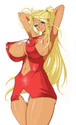  1girl aa_megami-sama areola_slip armpits arms_behind_head belldandy blonde_hair blue_eyes breasts center_opening covered_erect_nipples cowboy_shot dark-skinned_female dark_skin dress facial_mark female_focus forehead_mark ganguro high_ponytail huge_breasts impossible_clothes impossible_dress long_hair looking_at_viewer mimasaka_hideaki no_bra panties perky_breasts pointy_breasts ponytail puffy_nipples revealing_clothes short_dress sideboob simple_background smile solo tan thick_thighs thighs underwear very_long_hair white_background white_panties wide_hips 