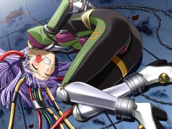 1girl arms_behind_back ass basia_yykroon bdsm blood blunt_bangs blush bodysuit bondage bound bound_wrists chain chained clenched_teeth clockup closed_eyes crotch cuffs dirt eclipse_-zettai_reido_keikaku_soushitsu_shoujo- facial_mark female_focus fetal_position helmet long_hair lying on_ground on_side purple_hair red_eyes rope solo sweat teeth thighs wires  rating:Questionable score:4 user:Hallfred