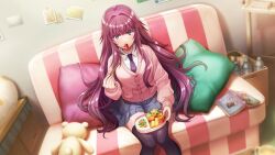  1girl bento black_thighhighs blunt_bangs blurry book bottle cardigan chopsticks collared_shirt commentary couch depth_of_field eating english_commentary eta_(kage_no_jitsuryokusha_ni_naritakute!) feet_out_of_frame food food_in_mouth grey_skirt hair_intakes highres holding holding_bento holding_chopsticks indoors kage_no_jitsuryokusha_ni_naritakute! knees_together_feet_apart lettuce long_hair long_sleeves looking_at_viewer messy_hair miniskirt necktie official_alternate_costume official_art omelet on_couch open_book photo_(object) pillow pink_cardigan pleated_skirt purple_eyes purple_hair purple_necktie rice sausage school_uniform second-party_source shirt sidelocks sitting skirt solo stuffed_animal stuffed_toy tamagoyaki teddy_bear thighhighs water_bottle white_shirt 