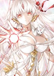  1girl armlet bare_shoulders belly_chain blush body_markings bracelet breasts cleavage collarbone colored_skin durga_(fate) earrings facial_mark fate/grand_order fate_(series) forehead_mark gradient_skin grey_hair hair_ribbon highres jewelry kino_kokko large_breasts long_hair looking_at_viewer orange_eyes outstretched_arm pelvic_curtain red_skin revealing_clothes ribbon sash snake solo thumb_ring very_long_hair  rating:Sensitive score:12 user:danbooru