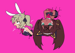  2girls animal_ears bow bowtie brown_hair cat_ears channel_(_caststation)_(style) chibi commentary_request cosplay crossed_arms dai_yasude dark-skinned_female dark_skin detached_collar drooling expressionless facial_mark fake_animal_ears green_eyes grey_hair highres implied_sex leotard long_hair multiple_girls open_mouth original playboy_bunny rabbit_hole_(vocaloid) stuck suez-chan tan tanline through_wall twintails upside-down 