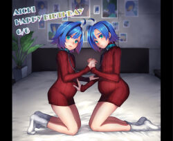  2boys ahoge bare_legs blue_eyes blue_hair cardfight!!_vanguard chain chain_leash double_leash dress dual_persona full_body hand_on_another&#039;s_stomach happy_birthday holding_hands indoors kneeling leash male_pregnancy multiple_boys on_bed photo_(object) plant potted_plant ribbed_sweater sendou_aichi socks sweater sweater_dress torikawa_(tori1002) white_socks 