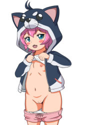  1girl bandai_namco battle_spirits battle_spirits:_burning_soul blush blush_stickers cleft_of_venus clothes_lift clothes_pull cupala_(8492ace) eyebrows female_focus flat_chest hood hoodie jacket kuroda_kanna loli looking_at_viewer navel nipples open_mouth panties panty_pull pink_eyes pink_hair pussy shirt shirt_lift shorts shorts_pull simple_background solo standing sunrise_(company) uncensored underwear whiskers white_background 
