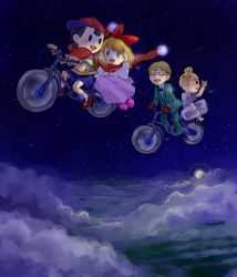  1girl 3boys :d adjusting_hair beanie bicycle black_eyes black_hair blonde_hair blue_eyes bone_(stare) bow bowtie child cloud dress flying frills full_moon glasses gloves hair_bow hat jeff_andonuts looking_back moon mother_(game) mother_2 multiple_boys multiple_riders ness_(mother_2) night night_sky nintendo open_mouth paula_(mother_2) poo_(mother_2) riding riding_bicycle scarf shirt shorts sidesaddle sky smile star_(sky) starry_sky striped_clothes striped_shirt sun tuxedo  rating:Sensitive score:11 user:danbooru