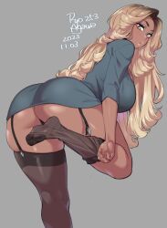  1girl agawa_ryou artist_name ass ass_focus black_garter_straps blonde_hair breasts dark-skinned_female dark_skin dated feet from_behind garter_straps grey_background huge_ass large_breasts long_hair looking_at_viewer looking_back miniskirt office_lady original panties parted_bangs parted_lips pencil_skirt simple_background skirt soles solo thick_thighs thighhighs thighs thong toes underwear upskirt very_dark_skin very_long_hair yellow_eyes  rating:Sensitive score:109 user:danbooru