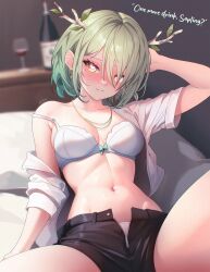  1girl alternate_costume arm_behind_head arm_up black_shorts blurry blurry_background blush bra breasts ceres_fauna commentary english_commentary green_hair hair_branch heart heart-shaped_pupils highres hololive hololive_english indoors looking_at_viewer medium_breasts navel open_clothes open_fly open_shirt shirt short_hair shorts sk_jynx smile solo stomach strap_slip symbol-shaped_pupils underwear virtual_youtuber white_bra white_shirt yellow_eyes  rating:Sensitive score:21 user:danbooru
