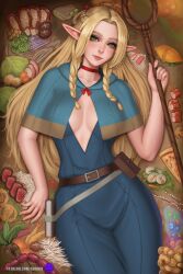  1girl arduina_(arduin_art) belt belt_pouch blonde_hair blue_dress blush book breasts breasts_apart capelet center_opening choker covered_erect_nipples dress dungeon_meshi elf food green_eyes highres large_breasts lettuce lips long_hair looking_at_viewer lying mandrake mandrake_(dungeon_meshi) marcille_donato meat on_back parted_bangs pizza pointy_ears pouch red_choker skewer smile solo tempura treasure_bug_(dungeon_meshi) 