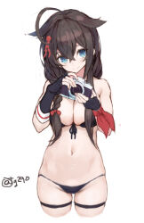  1girl absurdres ahoge bikini black_bikini black_gloves blue_eyes breasts brown_hair camera cleavage commentary_request cowboy_shot fingerless_gloves front-tie_bikini_top front-tie_top gloves hair_between_eyes hair_flaps hair_ornament highres holding holding_camera kantai_collection large_breasts navel official_alternate_costume ryo_(tg290) shigure_(kancolle) simple_background smile solo stomach swimsuit thigh_strap twitter_username white_background 