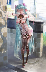  1girl absurdres aqua_eyes aqua_hair black_thighhighs body_writing breasts cum cum_on_body cum_on_breasts cum_on_upper_body detached_sleeves elbow_gloves exhibitionism female_focus full_body gloves hair_between_eyes hatsune_miku highres long_hair medium_breasts nipple_piercing nipples open_mouth outdoors piercing pubic_tattoo public_indecency revealing_clothes see-through sex_toy skirt solo tally tattoo thighhighs torn_clothes torn_thighhighs twintails v very_long_hair vibrator vibrator_cord vocaloid writing_on_breasts ying_yi  rating:Explicit score:312 user:danbooru