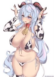 1girl ahoge animal_print arms_up bare_shoulders bell bikini breasts collarbone covered_erect_nipples cow_print cowbell curvy foreshortening front-tie_bikini_top front-tie_top ganyu_(genshin_impact) genshin_impact goat_horns highres horns kanachirou large_breasts long_hair looking_to_the_side navel open_mouth plump purple_eyes side-tie_bikini_bottom silver_hair simple_background skindentation solo string_bikini swimsuit thick_thighs thighhighs thighs twitter_username very_long_hair rating:Sensitive score:183 user:danbooru