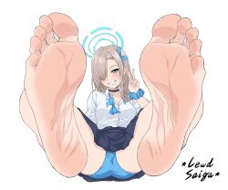  1girl absurdres artist_logo artist_name asuna_(blue_archive) bare_legs barefoot black_choker blue_archive blue_bow blue_bowtie blue_eyes blue_halo blue_panties blush bow bowtie breasts choker cleavage collarbone commentary commission english_commentary eyelashes feet feet_up foot_focus foreshortening full_body hair_bow hair_over_one_eye halo hand_up highres leaning_back lewdsaiga light_brown_hair logo looking_at_viewer medium_breasts one_eye_covered panties school_uniform scrunchie simple_background smile soles solo teeth toenails toes underwear undone_bowtie v white_background wrist_scrunchie 