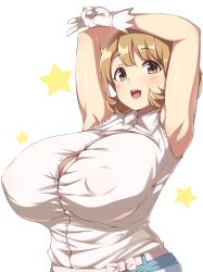 10s 1girl armpits arms_behind_head arms_up blush breasts brown_eyes brown_hair bursting_breasts cleavage covered_erect_nipples female_focus gloves highres huge_breasts looking_at_viewer moisture_(chichi) narusawa_ryouka occultic;nine open_mouth short_hair simple_background sleeveless smile solo star_(symbol) upper_body v white_background white_gloves rating:Questionable score:104 user:danbooru