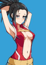  10s 1girl absurdres armpits arms_behind_head arms_up belt belt_skirt black_hair blue_background blush boku_no_hero_academia breasts breasts_apart center_opening chest_strap embarrassed from_side half-closed_eyes halterneck high_collar highres leotard looking_at_viewer medium_breasts navel ponytail red_eyes revealing_clothes simple_background solo standing stomach underboob yaoyorozu_momo  rating:Sensitive score:18 user:orangesaber