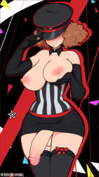  10s 1futa afrobull alternate_costume black_gloves black_thighhighs breasts brown_hair detached_collar elbow_gloves futanari gloves gluteal_fold hat hat_over_eyes highres large_breasts large_penis narrow_waist nipples okumura_haru peaked_cap penis penis_peek persona persona_5 persona_5:_dancing_star_night persona_dancing short_hair skirt smile solo testicles thighhighs third-party_edit uncensored  rating:Explicit score:156 user:Nimji