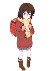 1girl :&lt; backpack bag blush boku_dake_ga_inai_machi boots brown_eyes brown_footwear brown_hair coat commentary female_focus from_above full_body fur-trimmed_boots fur_trim grey_skirt hair_between_eyes hands_on_own_chest highres hinazuki_kayo huyumitsu looking_at_viewer looking_up mittens parted_lips pigeon-toed pink_mittens pleated_skirt randoseru red_coat scarf short_hair simple_background skirt solo w_arms white_background yellow_neckwear yellow_scarf rating:General score:11 user:danbooru