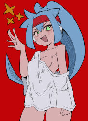  1girl absurdres ashe_(mega_man) blue_hair blush breasts buzzlyears collarbone cowboy_shot fang glowing glowing_eyes green_eyes headband high_ponytail highres light_blue_hair long_hair mega_man_(series) mega_man_zx mega_man_zx_advent no_pants oversized_clothes oversized_shirt red_background red_headband robot_ears shirt simple_background single_bare_shoulder single_off_shoulder small_breasts solo star_(symbol) 