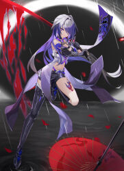  1girl absurdres acheron_(honkai:_star_rail) asymmetrical_footwear bandaged_arm bandaged_leg bandages black_gloves black_hole black_shorts blood bloody_tears boots breasts chain chain_around_arm cleavage coat coattails detached_sleeves earrings eyes_visible_through_hair gloves hair_over_one_eye highres holding holding_sword holding_weapon honkai:_star_rail honkai_(series) jewelry katana knee_boots leg_tattoo looking_at_viewer midriff multicolored_hair navel oil-paper_umbrella purple_eyes purple_hair rain shorts single_bare_shoulder single_knee_boot single_thighhigh solo streaked_hair sword tattoo thighhighs thighs umbrella weapon white_coat white_hair xujiu 