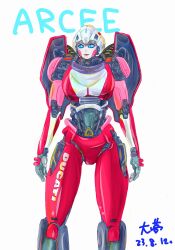  1girl arcee autobot blue_eyes breasts diarmyuri ducati glowing glowing_eyes helmet highres humanoid_robot medium_breasts pink_lips robot robot_girl simple_background solo transformers transformers:_rise_of_the_beasts transformers_(live_action) white_background 