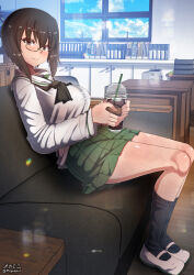  1girl black_hair breasts brown_eyes closed_mouth couch drink girls_und_panzer indoors kawashima_momo large_breasts looking_at_viewer megadeko miniskirt monocle on_couch ooarai_school_uniform school_uniform shoes short_hair sitting skirt smile solo uwabaki 