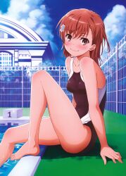  1girl arm_support bare_shoulders barefoot black_one-piece_swimsuit blue_sky blush breasts brown_eyes brown_hair closed_mouth cloud cloudy_sky competition_swimsuit day feet fence hair_ornament isshi_pyuma knee_up legs looking_at_viewer medium_hair misaka_mikoto multicolored_clothes multicolored_swimsuit one-piece_swimsuit outdoors pool poolside school_swimsuit sitting sky small_breasts smile solo swimsuit thighs toaru_kagaku_no_railgun toaru_majutsu_no_index toes tokiwadai_school_swimsuit water wet 