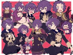  &gt;_&lt; @_@ ahoge arrow_(projectile) axe bernadetta_von_varley border bow_(weapon) brown_gloves chibi contemporary do_m_kaeru finger_touching fire_emblem fire_emblem:_three_houses fire_emblem_warriors:_three_hopes garreg_mach_monastery_uniform gloves handheld_game_console holding holding_axe holding_bow_(weapon) holding_handheld_game_console holding_weapon hood hoodie messy_hair multiple_persona nintendo nintendo_switch official_alternate_costume official_alternate_hairstyle open_mouth outside_border panicking partially_shaded_face purple_eyes purple_hair quiver short_hair short_shorts shorts shorts_under_skirt stuffed_animal stuffed_toy sweatdrop tears topknot weapon white_border yellow_gloves  rating:General score:10 user:danbooru