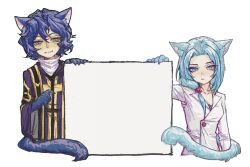  1boy 1girl animal_ear_fluff animal_ears animal_hands black_shirt blue_eyes blue_hair breasts cat_boy cat_ears cat_girl cat_tail chinese_commentary cleavage closed_mouth commentary_request enomoto_noa gold_trim grey_eyes hair_between_eyes hair_bobbles hair_ornament highres kemonomimi_mode lab_coat light_blue_hair light_frown long_sleeves low_ponytail medium_breasts parted_bangs purple_robe robe saibou_shinkyoku shirt side_ponytail simple_background smile stole tail utsugi_noriyuki white_background white_shirt wide_sleeves yehua36950 