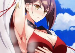  1girl arm_up armpits azur_lane blue_sky blush breasts brown_hair cleavage cloud collarbone commentary_request criss-cross_halter day dress eyeliner grabbing_own_breast hair_between_eyes halterneck highres japanese_clothes kimono large_breasts long_hair long_sleeves looking_at_viewer makeup makiri_akira multiple_girls nose_blush open_clothes open_kimono open_mouth ponytail presenting_armpit red_dress sidelocks sky sleeveless sleeveless_dress solo sweat upper_body very_long_hair white_kimono wide_sleeves yellow_eyes zuikaku_(azur_lane)  rating:Sensitive score:46 user:danbooru