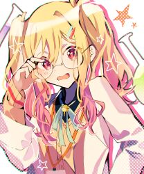  1girl adjusting_eyewear anemonelove aqua_ribbon bespectacled black_shirt blonde_hair buttons cardigan chemicals collared_shirt commentary drop_shadow get_over_it._(project_sekai) glasses gradient_hair hair_between_eyes highres lab_coat lanyard liquid long_hair long_sleeves multicolored_hair neck_ribbon open_clothes open_mouth pink_eyes pink_hair project_sekai ribbon round_eyewear shirt solo star_(symbol) tenma_saki test_tube twintails upper_body white_background yellow_cardigan 